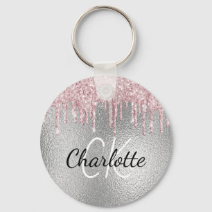 Silver metall glitter droppar rosa monogram initia nyckelring