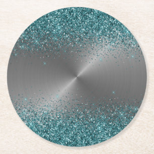 Silver Metall Se Glitter Teal Circular Metallic Underlägg Papper Rund