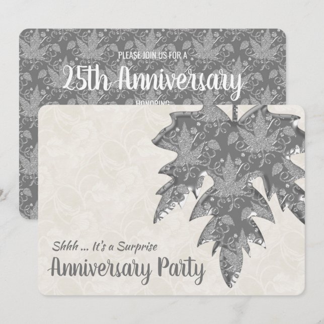 Silver Metall Titta hösten Löv 25-årsdagen Inbjudningar (Fram/baksida)