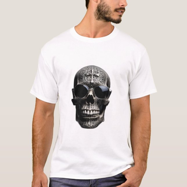 Silver Metallic 3D-skalle kor med solglasögon T Shirt (Framsida)