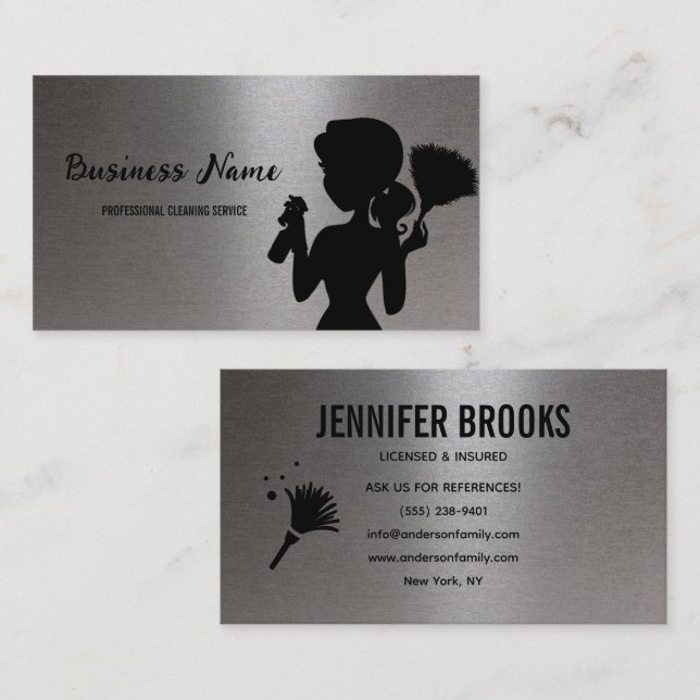 Silver Metallic Cleaning Service Housekeeper Maid Visitkort (Fram/baksida)