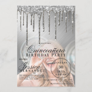 Silver Metallic Glitter Drifts Photo Quinceañera Inbjudningar
