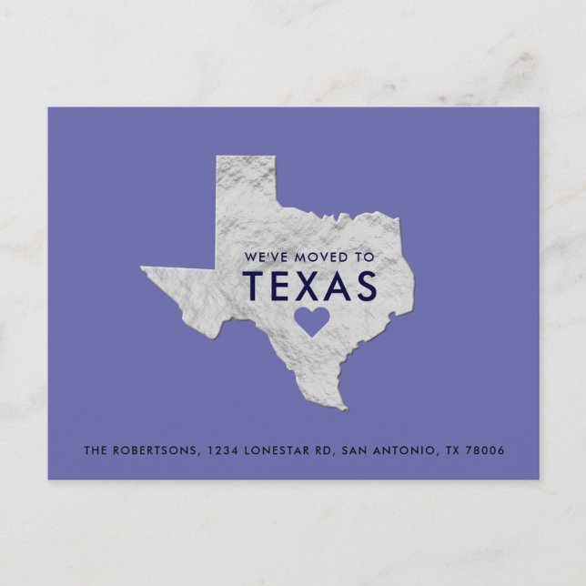 Silver Metallic Texas Karta Periwinkle Ny adress Meddelande Vykort (Framsida)