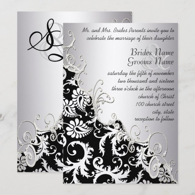 Silver Metallic Vintage Damask Romantic Swirl Inbjudningar (Fram/baksida)