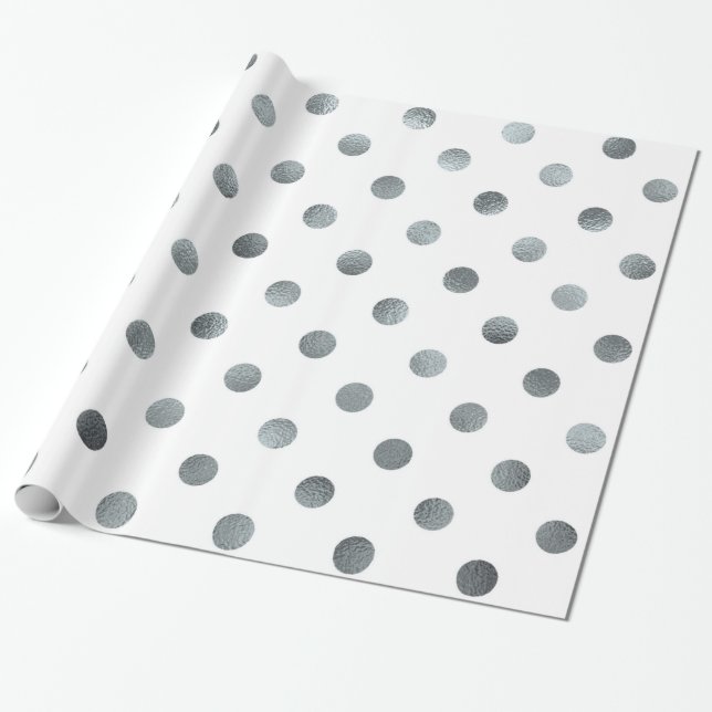 Silver Metallisk faux Foil Small Polka Punktvit Presentpapper (Utrullad)