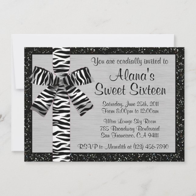Silver Metallisk Inbjudan Glitter med zebra Bow (Framsida)