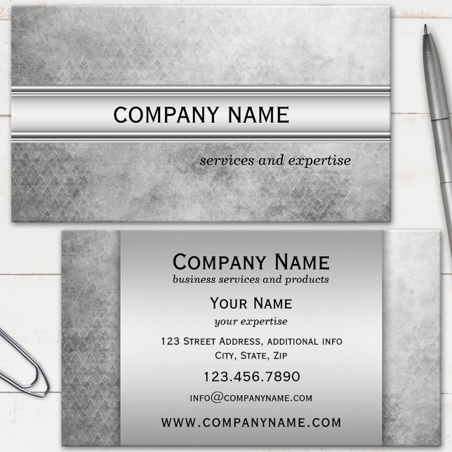 Silver Metallisk Svart och Vit Professionell Visitkort (Business card with silver grey metallic text fields on a grunge black and white background)