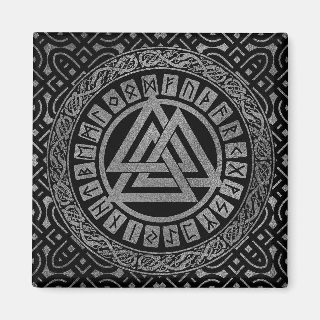 Silver Metallisk Valknut-symbol på Celtic Mönster Magnet (Framsidan)