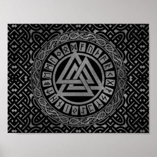 Silver Metallisk Valknut-symbol på Celtic Mönster Poster