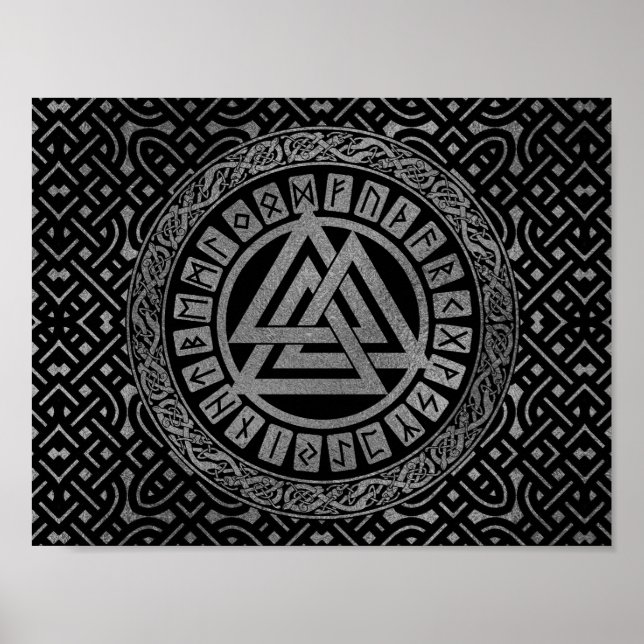 Silver Metallisk Valknut-symbol på Celtic Mönster Poster (Framsidan)