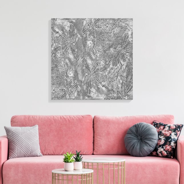 Silver Metalliska, Embossed Dragonflies Canvastryck (Insitu (Vardagsrum))