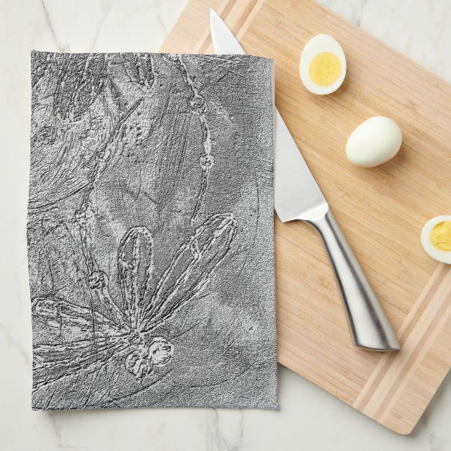 Silver Metalliska, Embossed Dragonflies Kökshandduk (Vikt i Fjärdedel)