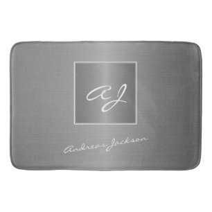 silver metalliskt modernt skript, monogram namn badrumsmatta