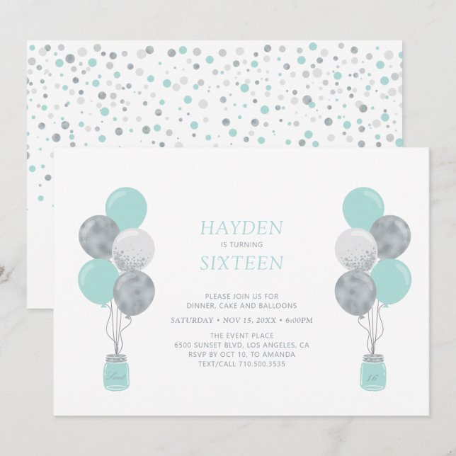 Silver & Mint Ballong Söt Sexton Födelsedagsfest Inbjudningar (Fram/baksida)