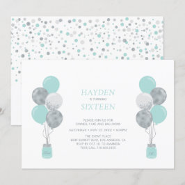 Silver & Mint Ballong Söt Sexton Födelsedagsfest Inbjudningar