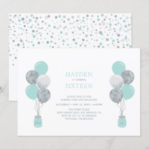 Silver & Mint Ballong Söt Sexton Födelsedagsfest Inbjudningar