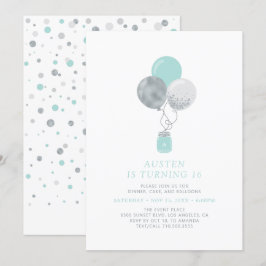 Silver & Mint Ballonger Modern 18-årsfest Inbjudningar