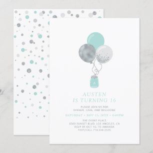 Silver & Mint Ballonger Modern 18-årsfest Inbjudningar