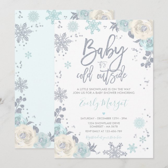 Silver & Mint Blommigt Winter Baby Shower Snöflake Inbjudningar (Fram/baksida)