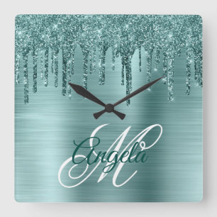 Silver Mint Brushed Foil Finare Monogram Fyrkantig Klocka