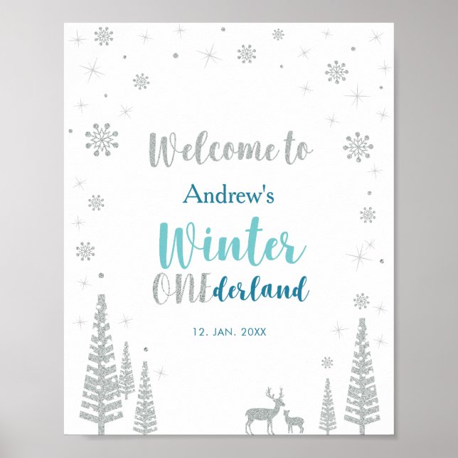 Silver Mint Winter Boy-Födelsedagsfestens välkomst Poster (Framsidan)