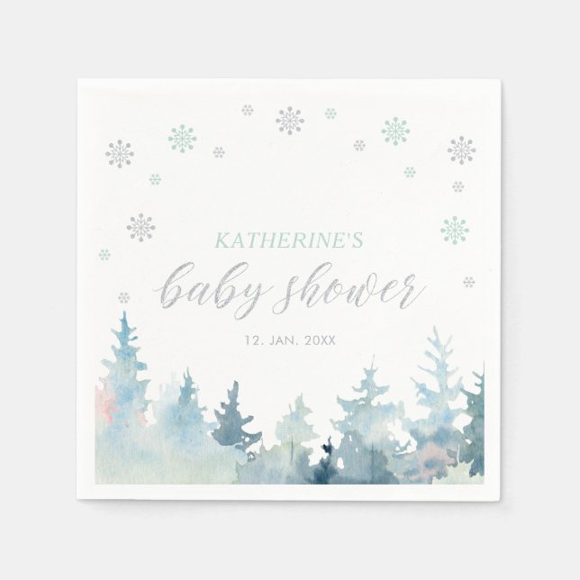 Silver & Mint Winter Wonderland Snö Baby Shower Pappersservett (Framsidan)