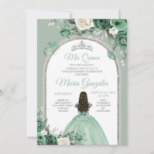 Silver Mis Quince Dusty Grönt Blommigt Quinceañera Inbjudningar