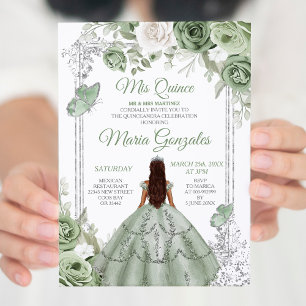 Silver Mis Quince Grönt Blommigt Quinceañera Inbjudningar