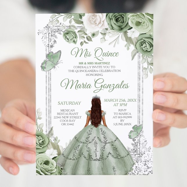 Silver Mis Quince Grönt Blommigt Quinceañera Inbjudningar (Skapare uppladdad)
