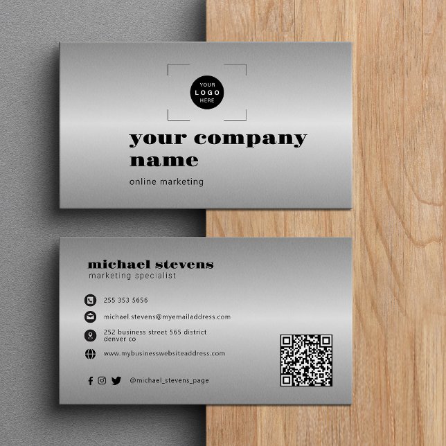 Silver modern anpassad logotyp QR-kod Visitkort (Skapare uppladdad)
