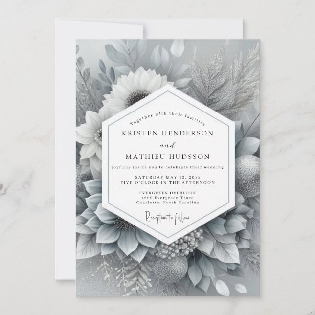 Silver Monochromatic Bloom Wedding Inbjudningar (Framsida)