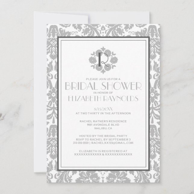 Silver Monogram Damask Inbjudningskort för möhippa (Framsida)