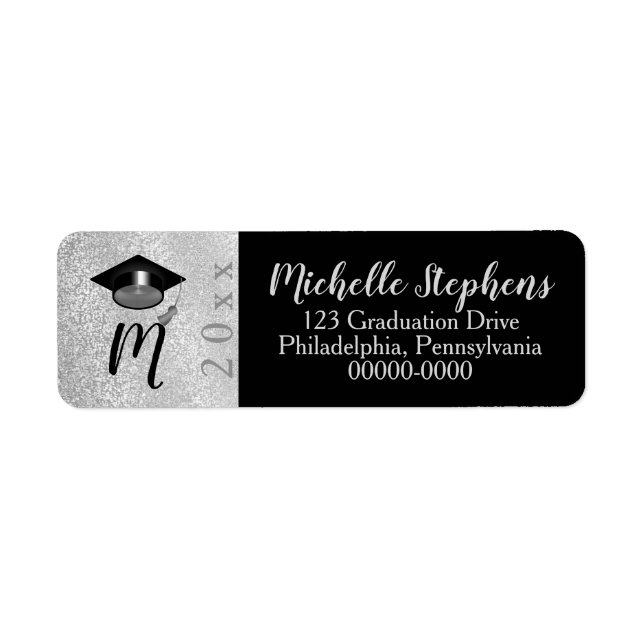 Silver | Monogram för svart faux Glitter Grad Cap  Returadress Etikett (Framsidan)