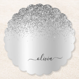Silver Monogram Glitter Gnistra Girly-skript Underlägg Papper
