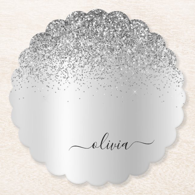 Silver Monogram Glitter Gnistra Girly-skript Underlägg Papper (Framsida)