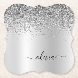 Silver Monogram Glitter Gnistra Girly-skript Underlägg Papper