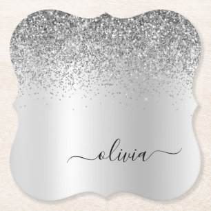 Silver Monogram Glitter Gnistra Girly-skript Underlägg Papper