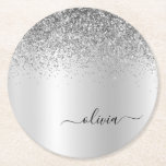Silver Monogram Glitter Gnistra Girly-skript Underlägg Papper Rund<br><div class="desc">Silver Faux Foil Metallic Gnistra Glitter Brushed Metall Monogram Namn Papper Underlägg. Det gör perfekt studenten,  födelsedag,  bröllop,  möhippa,  årsdag,  babydusch eller bachelorette-fest till någon som glam lyx och chic stilar.</div>