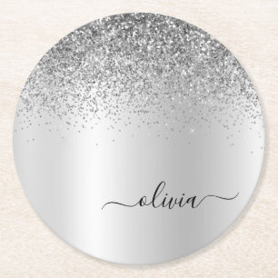 Silver Monogram Glitter Gnistra Girly-skript Underlägg Papper Rund