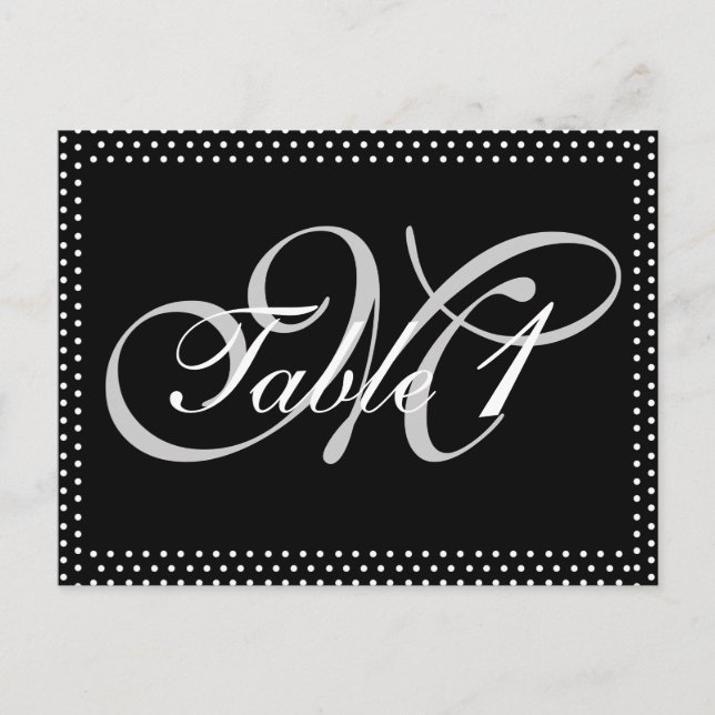 Silver Monogram om Bordsnumret vid Svarta Bröllop Vykort (Framsida)