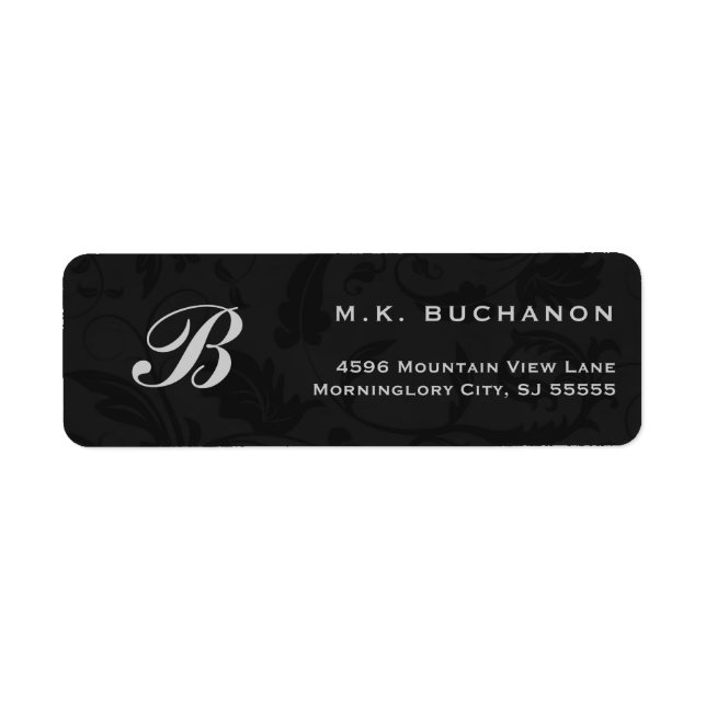 Silver Monogram på Returadressen Black Damask Returadress Etikett (Framsidan)