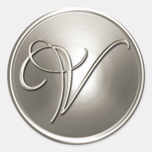 Silver monogram V kuvert försegling Runt Klistermärke