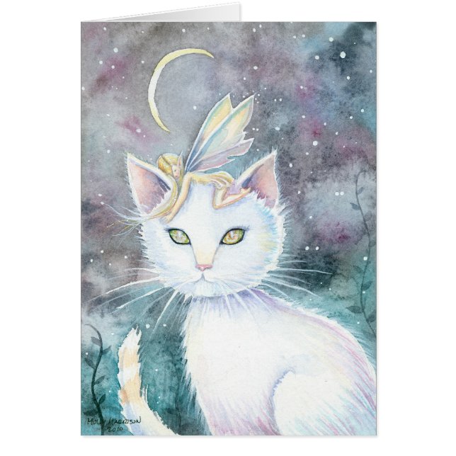 Silver Moon Cat and Fairy Magical Card Hälsningskort (Framsidan)