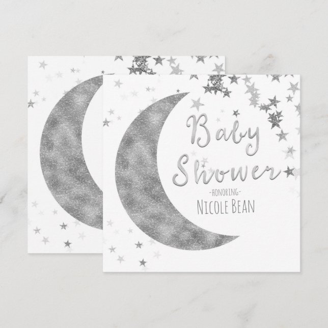 Silver Moon & Stars Baby Shower Vita Inbjudningar (Fram/baksida)