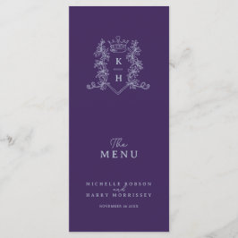 Silver mörk lila krona vapensköld monogram bröllop meny