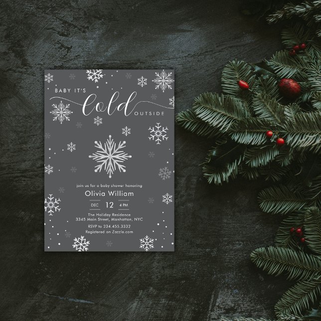 Silver Mörkgrå Vinter Snöflinga Bebis Bjudning  Inbjudningar (Silver Dark Grey Winter Snowflake Baby Shower Invitation)