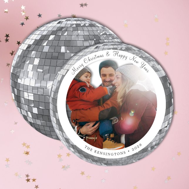 Silver Mosaic Festive Winter Family Julkort (Custom Round Disco Ball Family Christmas Card)