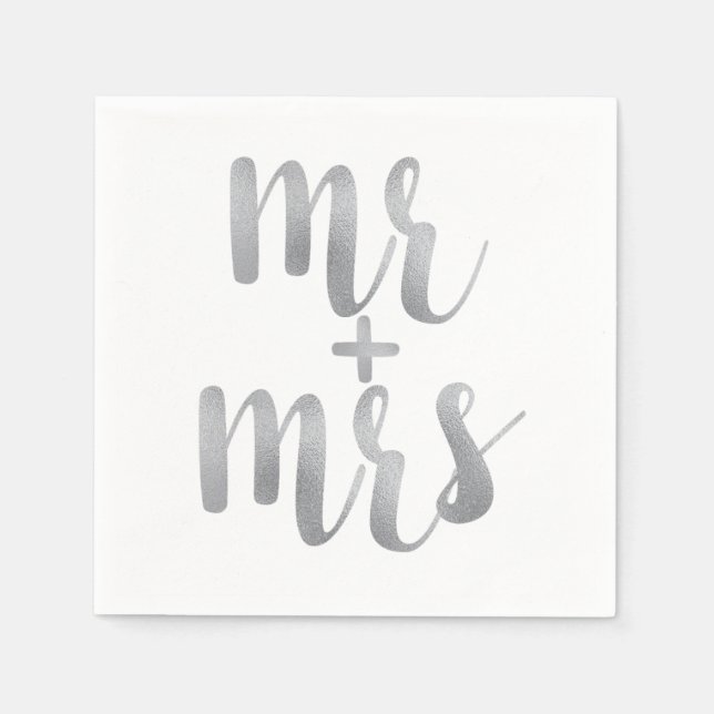 Silver, Mr. & Mrs. cocktail napkins, foil font Pappersservett (Framsidan)