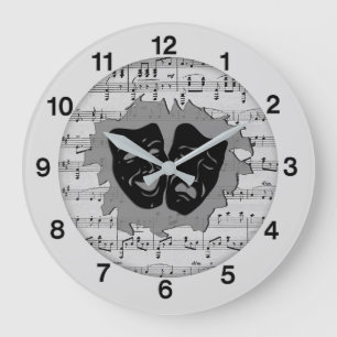 Silver Music and Theater Mask Masks Large Clock Stor Klocka