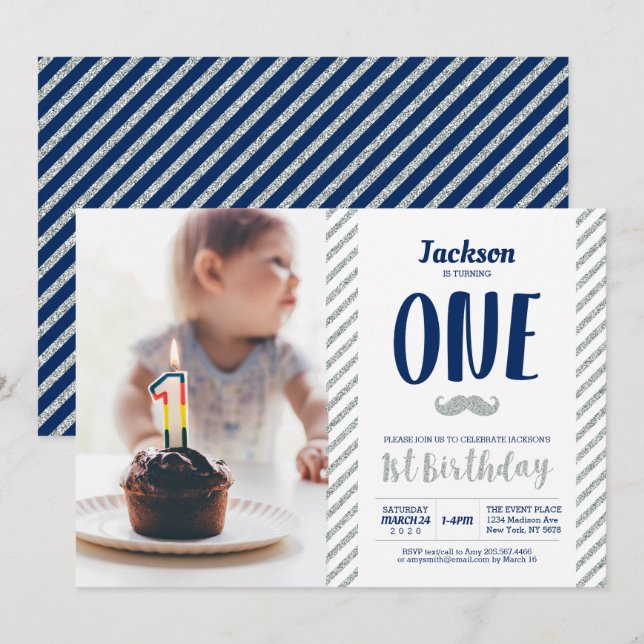 Silver, Mustasch | Pojke 1-års fotobutik Inbjudningar (Fram/baksida)